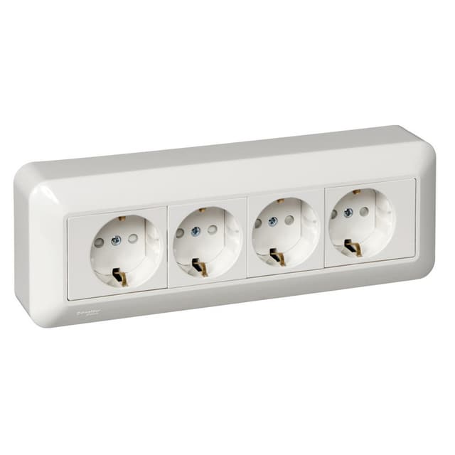 Розетка четверная с заземлением и защитными шторками Systeme Electric Blanca RA16-411M-B, цвет белый, защита от детей, четыре разъема с заземлением