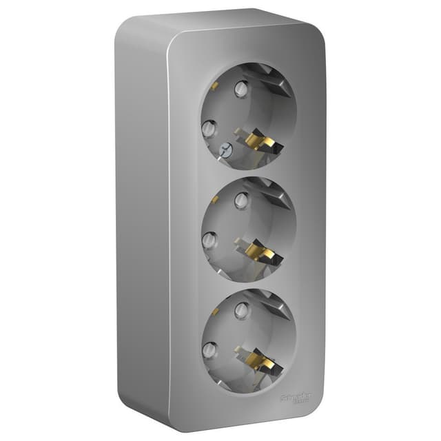 Розетка тройная с заземлением и защитными шторками Systeme Electric Blanca BLNRA011313, цвет алюминий, защита от детей, три евроразъема с заземлением.