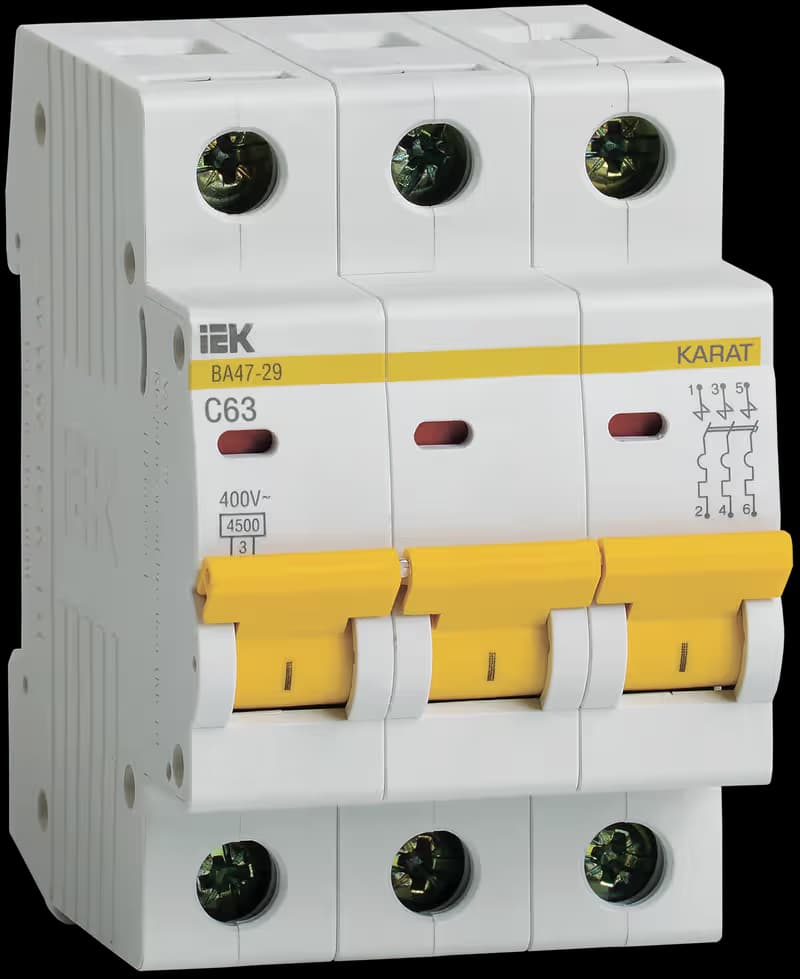 Автоматический выключатель модульный IEK KARAT ВА47-29 MVA20-3-063-C, 3-полюсный, характеристика C, номинальный ток 63А, отключающая способность 4,5 кА, на DIN-рейку, ширина 3 модуля