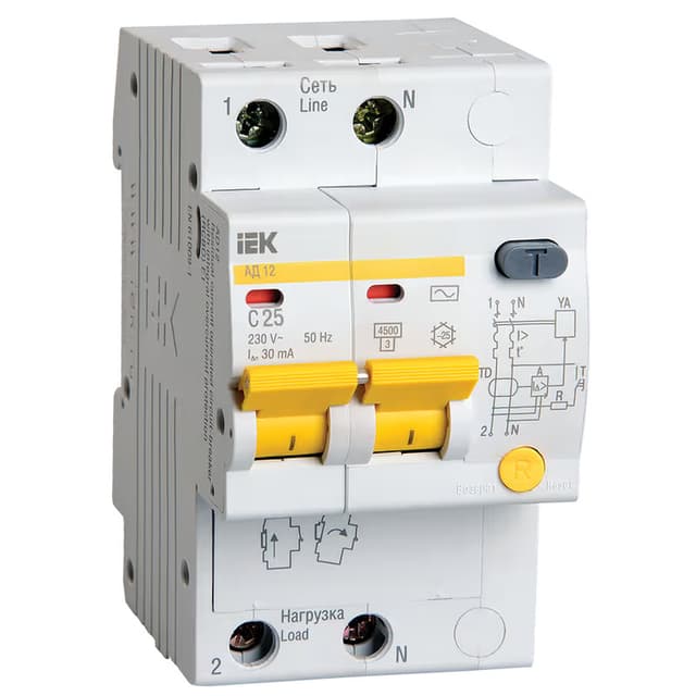 Дифференциальный автомат АД12 IEK KARAT MAD10-2-025-C-030, двухполюсный (2P), характеристика C, номинальный ток 25А, ток утечки 30мА, тип AC, отключающая способность 4,5кА, на DIN-рейку