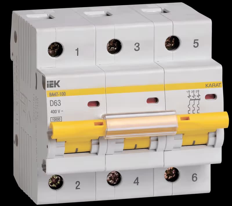 Автоматический выключатель модульный IEK KARAT ВА47-100 MVA40-3-063-D, 3-полюсный, характеристика D, номинальный ток 63А, отключающая способность 10кА, на DIN-рейку, ширина 4.5 модуля