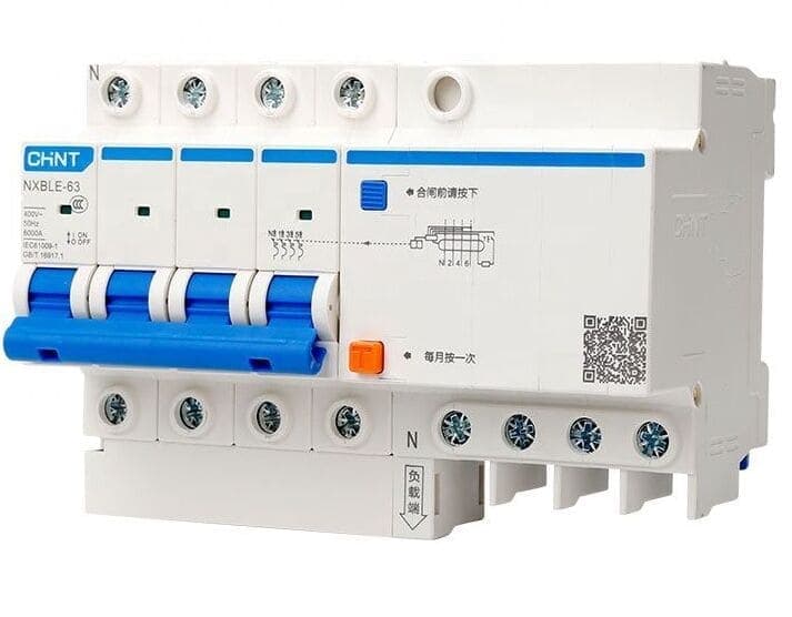 Дифференциальный автомат модульный Chint NXBLE-63 4P, характеристика C, номинальный ток 16А, ток утечки 30мА, тип AC, отключающая способность 6кА, артикул 982157