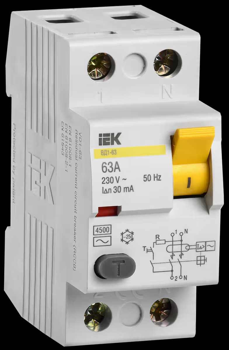 Устройство защитного отключения УЗО IEK KARAT ВД1-63 MDV10-2-063-030, двухполюсное, номинальный ток 63А, ток утечки 30мА, тип AC, на DIN-рейку