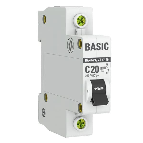 Автоматический выключатель модульный EKF Basic ВА47-29 1P, характеристика C, номинальный ток 20А, отключающая способность 4,5кА, артикул mcb4729-1-20C