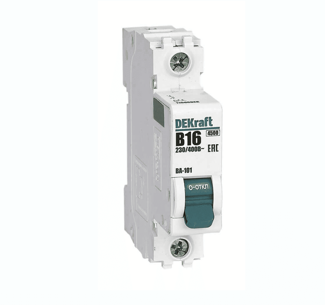 Автоматический выключатель модульный Dekraft ВА-101 1P, характеристика B, номинальный ток 16А, отключающая способность 4,5кА, артикул 11006DEK
