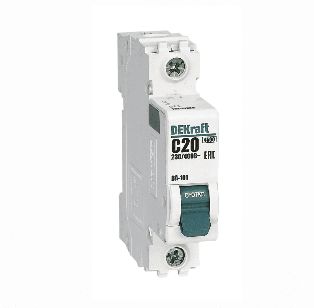 Автоматический выключатель модульный Dekraft ВА-101 1P, характеристика C, номинальный ток 20А, отключающая способность 4,5кА, артикул 11055DEK