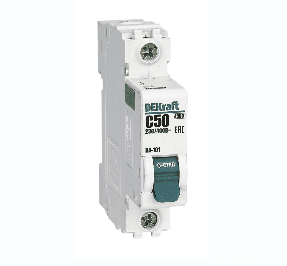 Автоматический выключатель модульный Dekraft ВА-101 1P, характеристика C, номинальный ток 50А, отключающая способность 4,5кА, артикул 11059DEK
