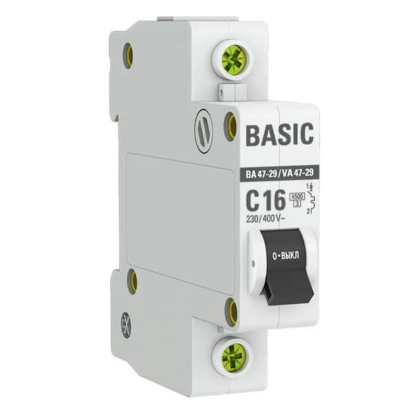 Автоматический выключатель модульный EKF Basic ВА47-29 1P, характеристика C, номинальный ток 16А, отключающая способность 4,5кА, артикул mcb4729-1-16C