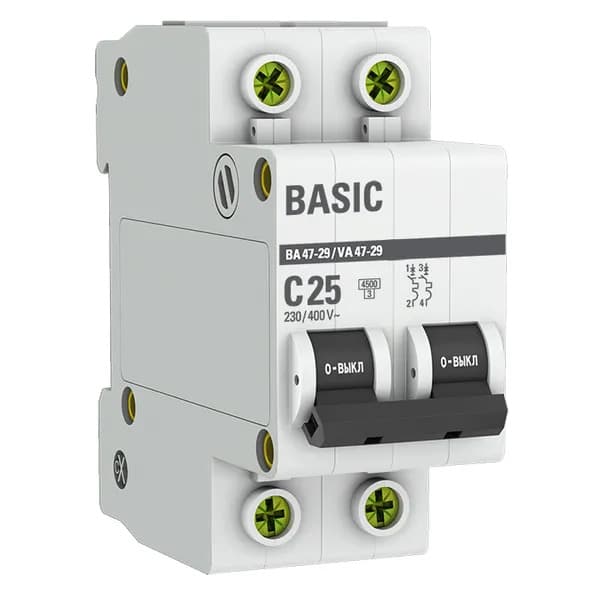Автоматический выключатель модульный EKF Basic ВА47-29 2P, характеристика C, номинальный ток 25А, отключающая способность 4,5кА, артикул mcb4729-2-25C