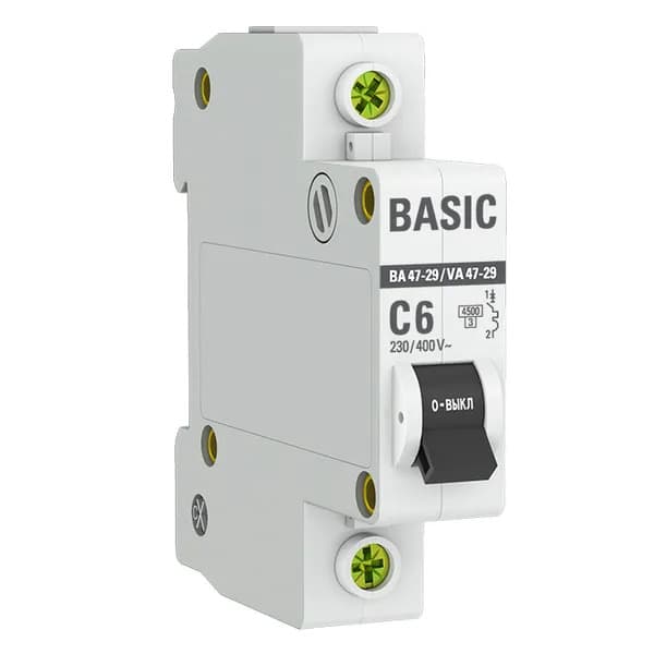 Автоматический выключатель модульный EKF Basic ВА47-29 1P, характеристика C, номинальный ток 6А, отключающая способность 4,5кА, артикул mcb4729-1-06C