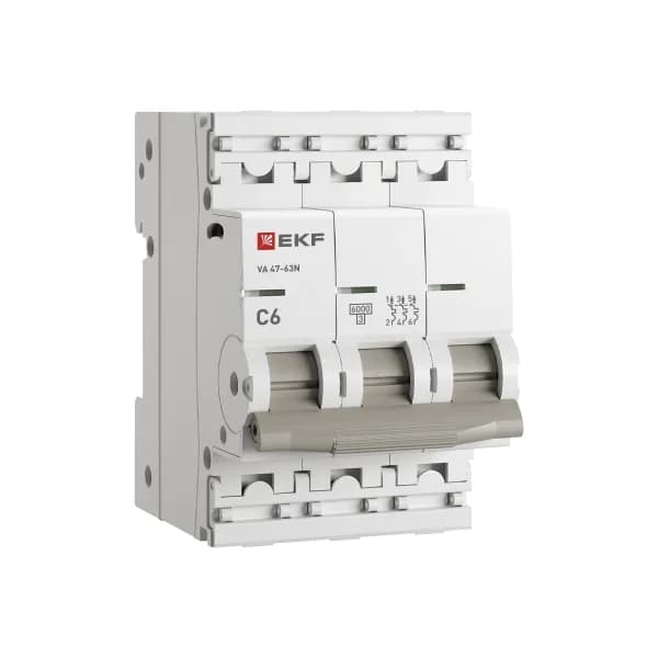 Автоматический выключатель модульный EKF PROxima ВА47-63N 3P, характеристика C, номинальный ток 6А, отключающая способность 6кА, артикул M636306C