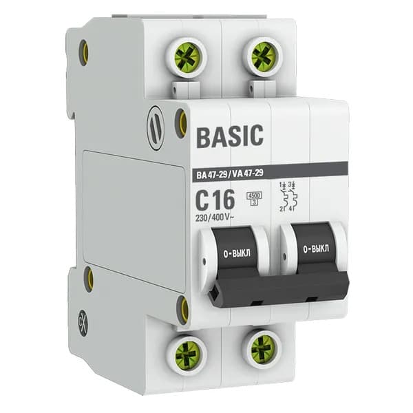 Автоматический выключатель модульный EKF Basic ВА47-29 2P, характеристика C, номинальный ток 16А, отключающая способность 4,5кА, артикул mcb4729-2-16C