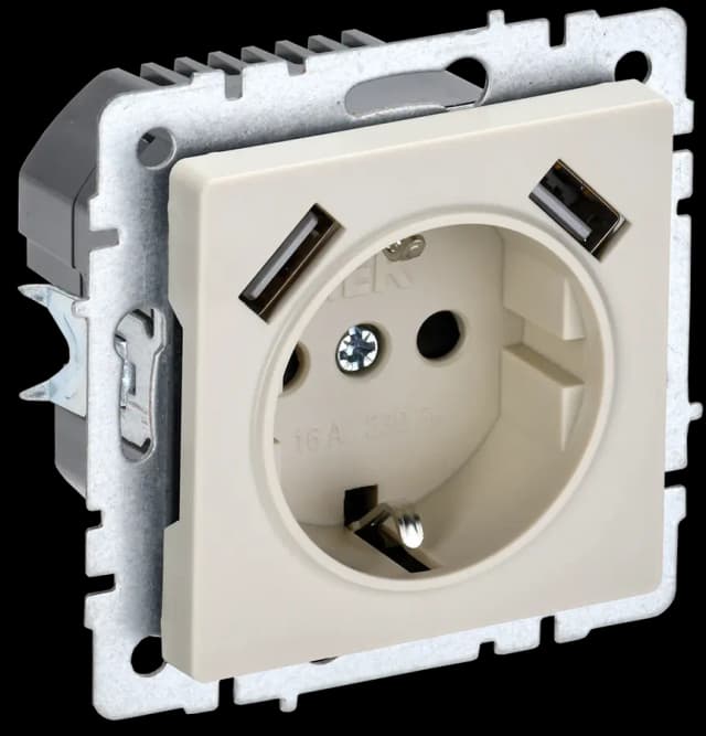 Розетка USB с заземлением и защитными шторками IEK BRITE BR-R14-16-U21-D21-K10 (бежевый)