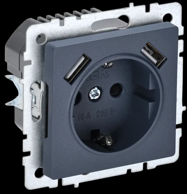 Розетка USB с заземлением и защитными шторками IEK BRITE BR-R14-16-U21-D21-K35 (маренго)