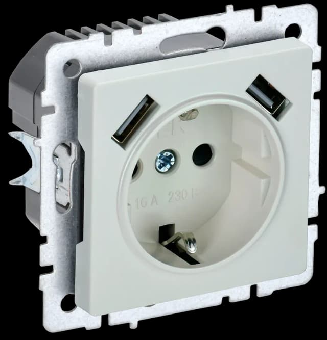Розетка USB с заземлением и защитными шторками IEK BRITE BR-R14-16-U21-D21-K36 (жемчужный)