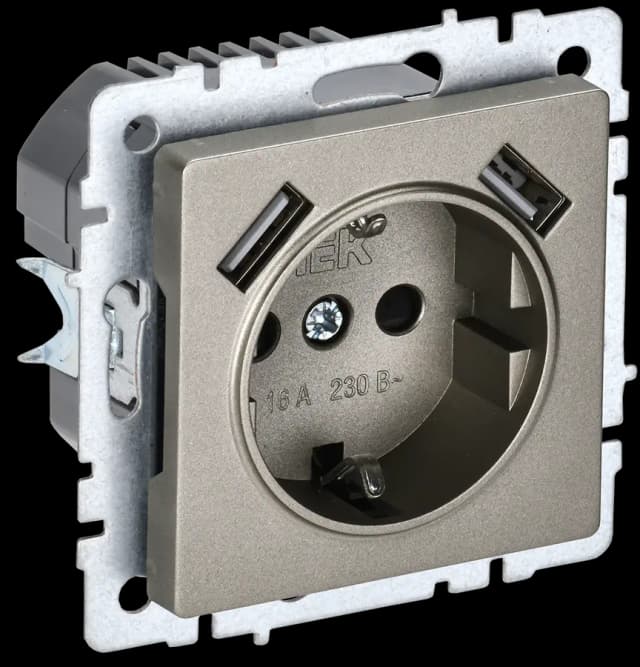 Розетка USB с заземлением и защитными шторками IEK BRITE BR-R14-16-U21-D21-K37 (шампань)