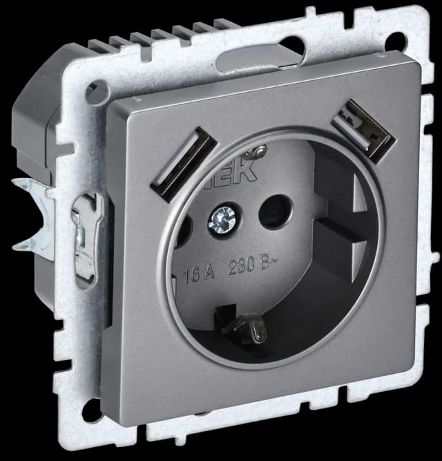 Розетка USB с заземлением и защитными шторками IEK BRITE BR-R14-16-U21-D21-K46 (сталь)