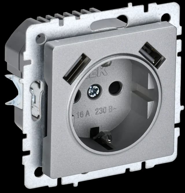 Розетка USB с заземлением и защитными шторками IEK BRITE BR-R14-16-U21-D21-K47 (алюминий)