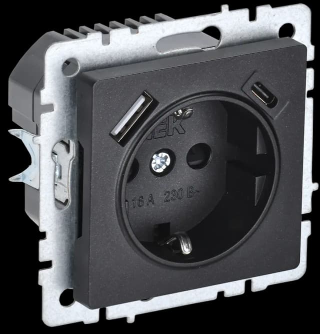 Розетка USB с заземлением и защитными шторками IEK BRITE BR-R14-16-U22-018-K02 (черный)