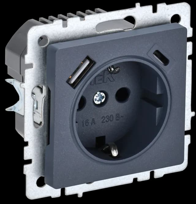 Розетка USB с заземлением и защитными шторками IEK BRITE BR-R14-16-U22-018-K35 (маренго)
