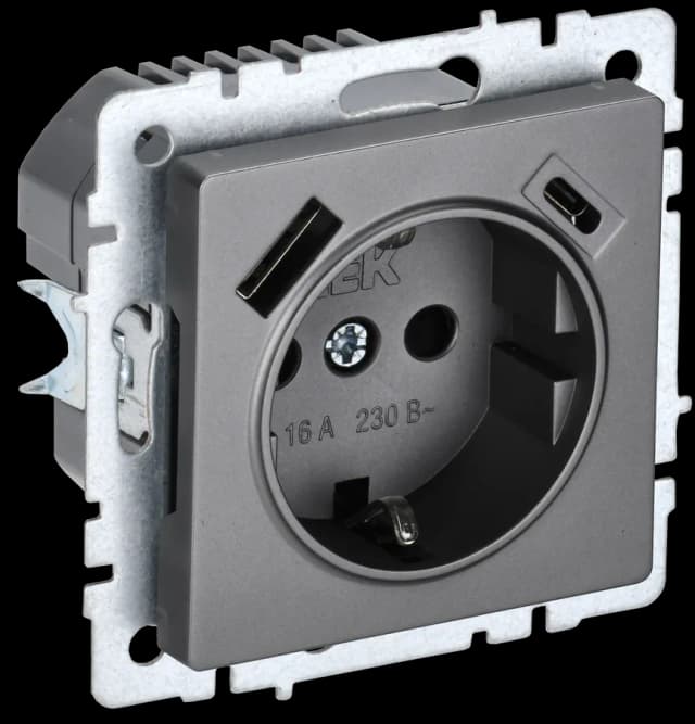 Розетка USB с заземлением и защитными шторками IEK BRITE BR-R14-16-U22-018-K46 (сталь)