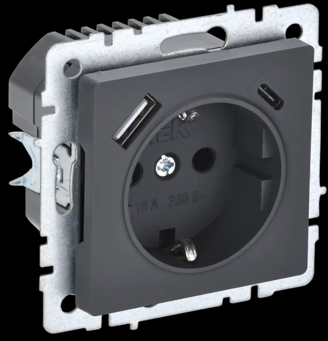 Розетка USB с заземлением и защитными шторками IEK BRITE BR-R14-16-U22-018-K53 (графит)