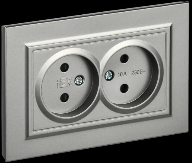 Розетка двойная без заземления с защитными шторками и рамкой IEK BRITE BR-R23-10-K46-F (сталь)