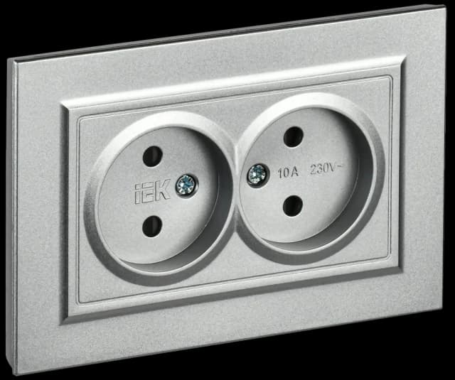 Розетка двойная без заземления с защитными шторками и рамкой IEK BRITE BR-R23-10-K47-F (алюминий)