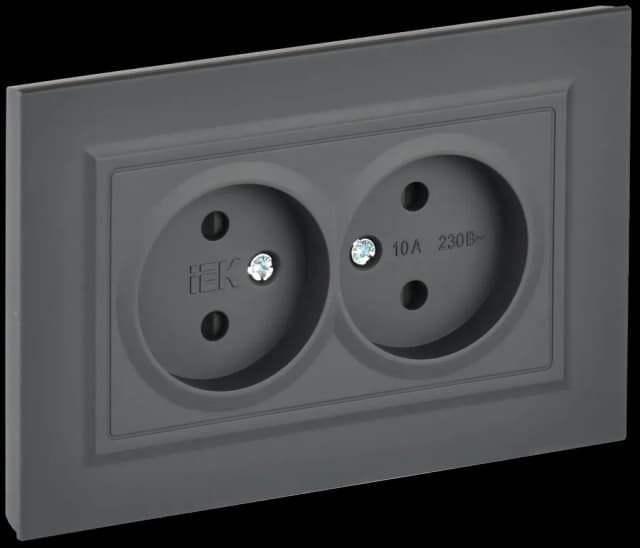 Розетка двойная без заземления с защитными шторками и рамкой IEK BRITE BR-R23-10-K53-F (графит)