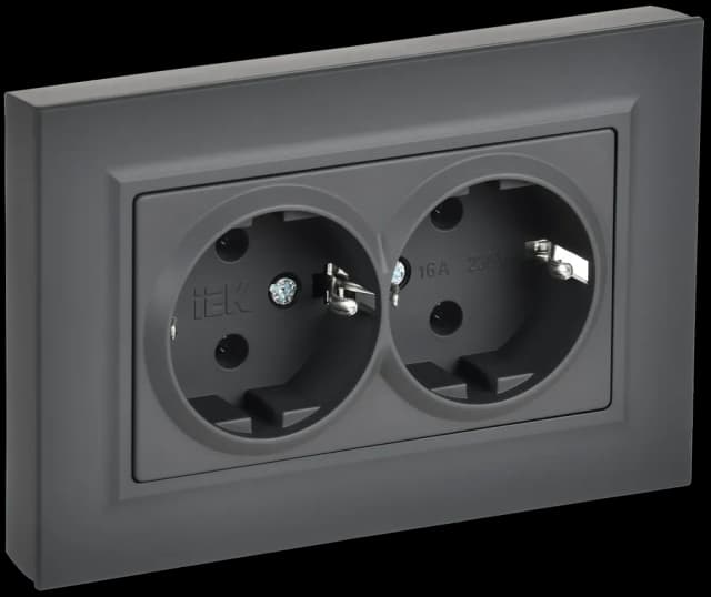 Розетка двойная с заземлением и рамкой IEK BRITE BR-R27-16-K53-F (графит)