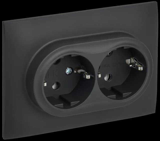Розетка двойная с заземлением и рамкой IEK SKANDY SK-R21-16-K53-F (графит)