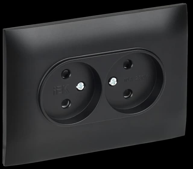 Розетка двойная без заземления с защитными шторками и рамкой IEK SKANDY SK-R23-10-K02-F (черный)