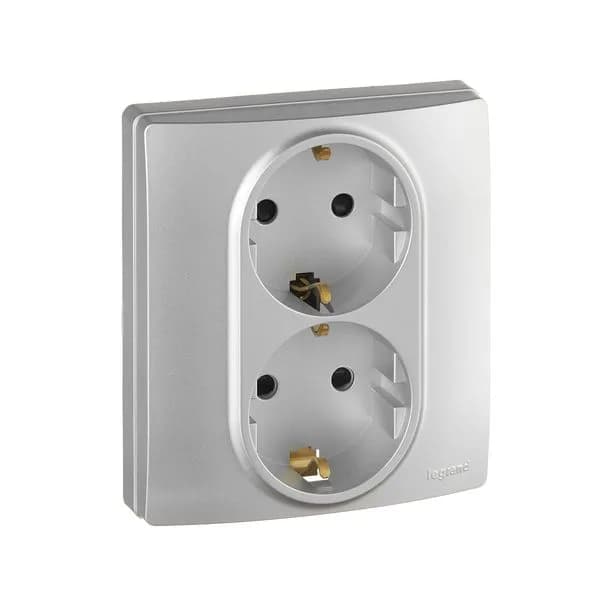 Розетка двойная с заземлением со шторками Legrand Etika 672433 (алюминий)