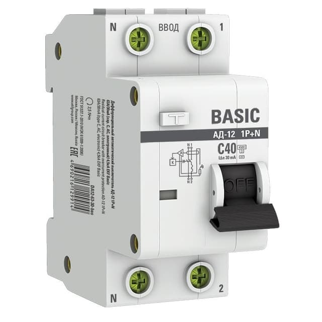 Дифференциальный автомат EKF Basic АД-12 1P+N 40А C DA12-40-30-bas