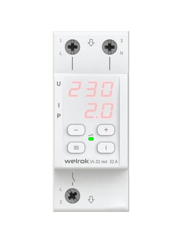 Реле напряжения с контролем тока однофазное 32А Welrok VI-32 red