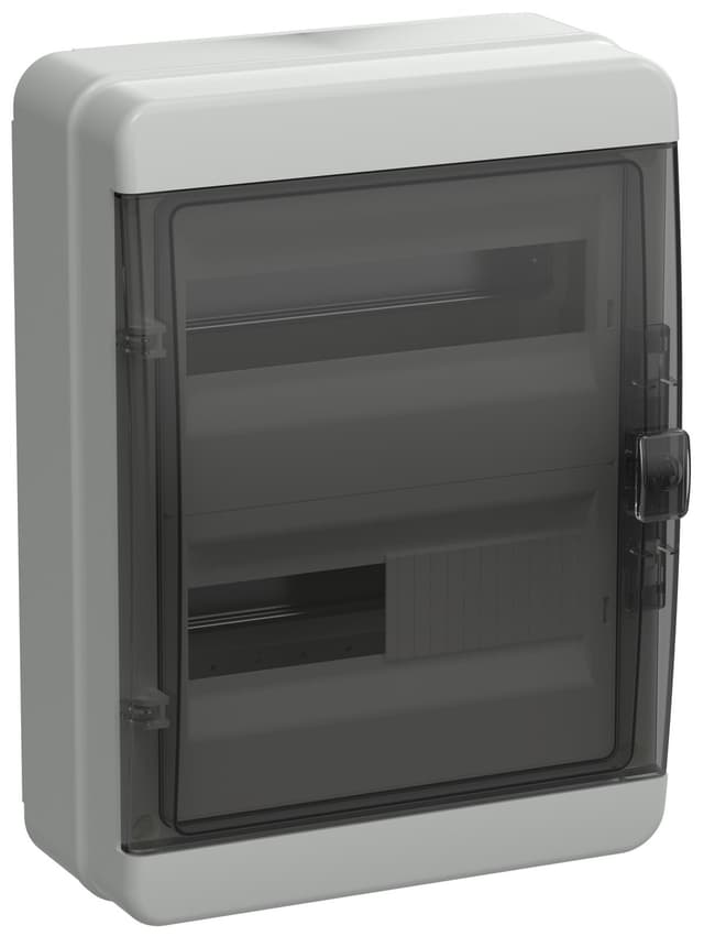 Бокс пластиковый навесной IEK TEKFOR TF5-KP72-N-24-65-K03-K02, КМПн-24, на 24 модуля, 2 ряда, черная прозрачная дверь, IP65, серый