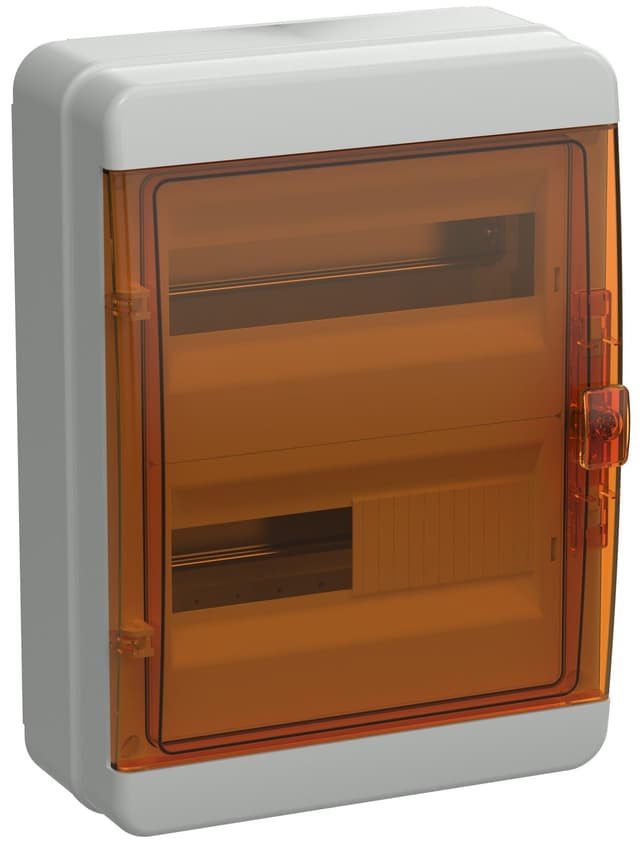 Бокс пластиковый навесной IEK TEKFOR TF5-KP72-N-24-65-K03-K09, КМПн-24, на 24 модуля, 2 ряда, оранжевая прозрачная дверь, IP65, серый