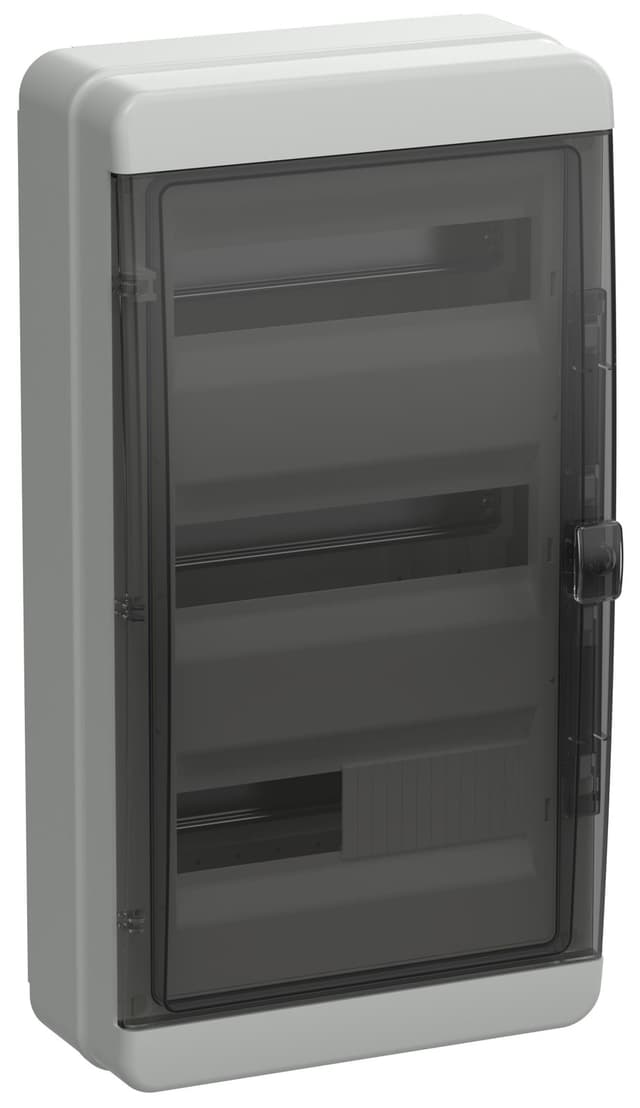 Бокс пластиковый навесной IEK TEKFOR TF5-KP72-N-36-65-K03-K02, КМПн-36, на 36 модулей, 3 ряда, черная прозрачная дверь, IP65, серый
