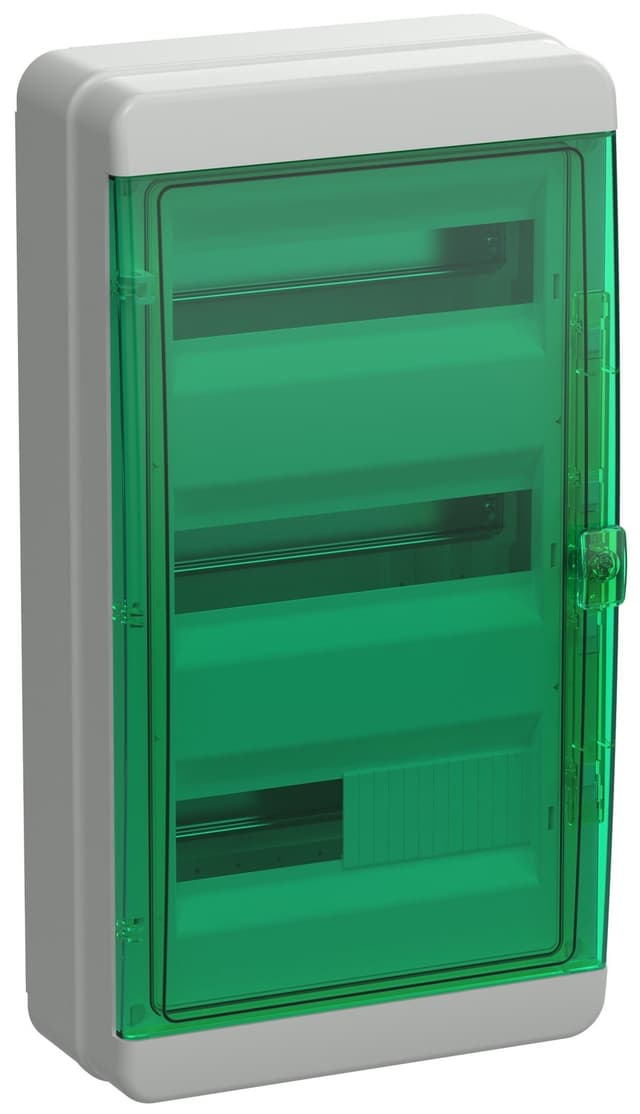 Бокс пластиковый навесной IEK TEKFOR TF5-KP72-N-36-65-K03-K06, КМПн-36, на 36 модулей, 3 ряда, зеленая прозрачная дверь, IP65, серый