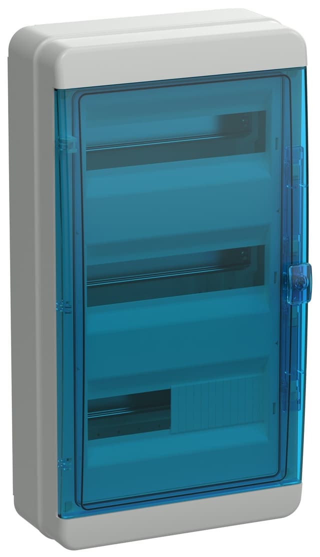 Бокс пластиковый навесной IEK TEKFOR TF5-KP72-N-36-65-K03-K07, КМПн-36, на 36 модулей, 3 ряда, синяя прозрачная дверь, IP65, серый