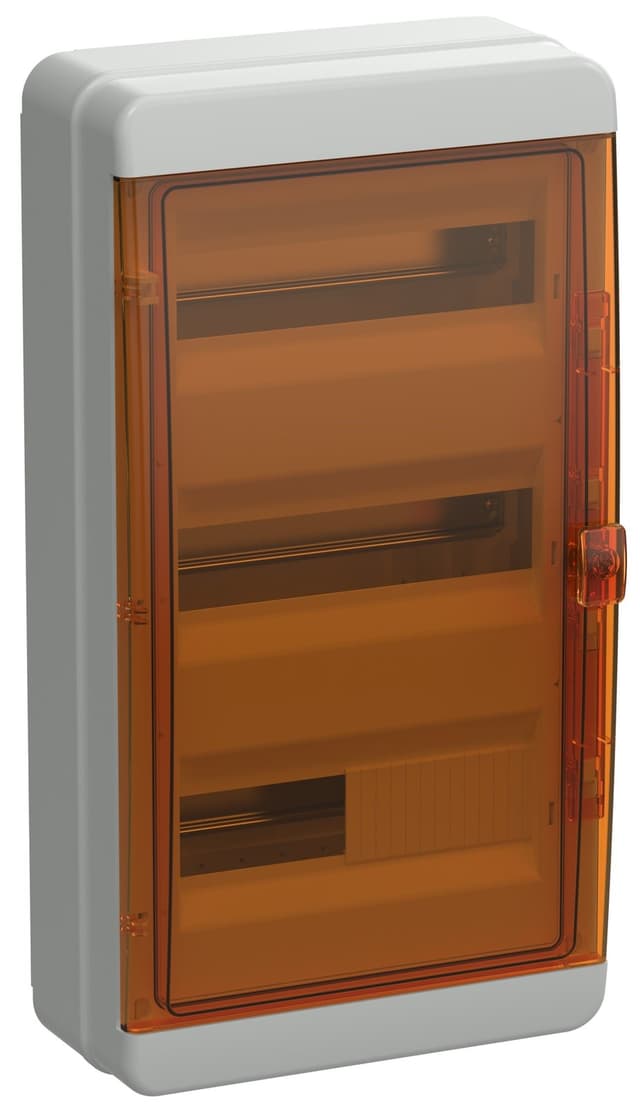Бокс пластиковый навесной IEK TEKFOR TF5-KP72-N-36-65-K03-K09, КМПн-36, на 36 модулей, 3 ряда, оранжевая прозрачная дверь, IP65, серый