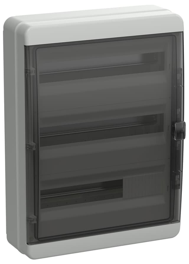 Бокс пластиковый навесной IEK TEKFOR TF5-KP72-N-54-65-K03-K02, КМПн-54, на 54 модуля, 3 ряда, черная прозрачная дверь, IP65, серый