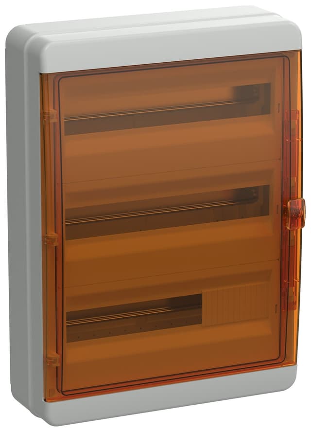 Бокс пластиковый навесной IEK TEKFOR TF5-KP72-N-54-65-K03-K09, КМПн-54, на 54 модуля, 3 ряда, оранжевая прозрачная дверь, IP65, серый