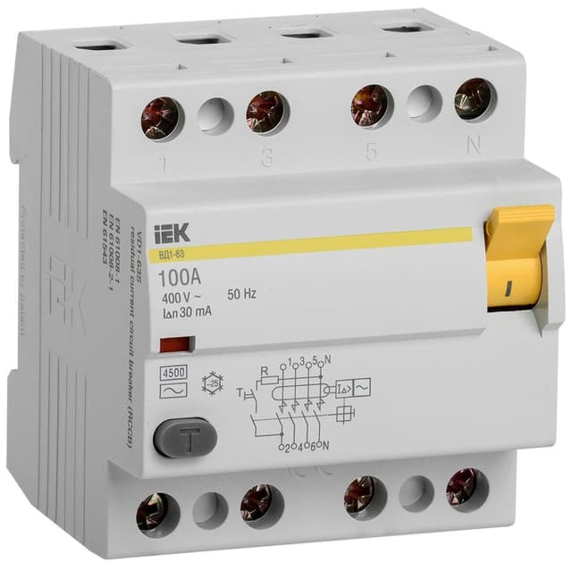 Устройство защитного отключения ВД1-63 4Р 100А 30мА тип AC IEK KARAT MDV10-4-100-030